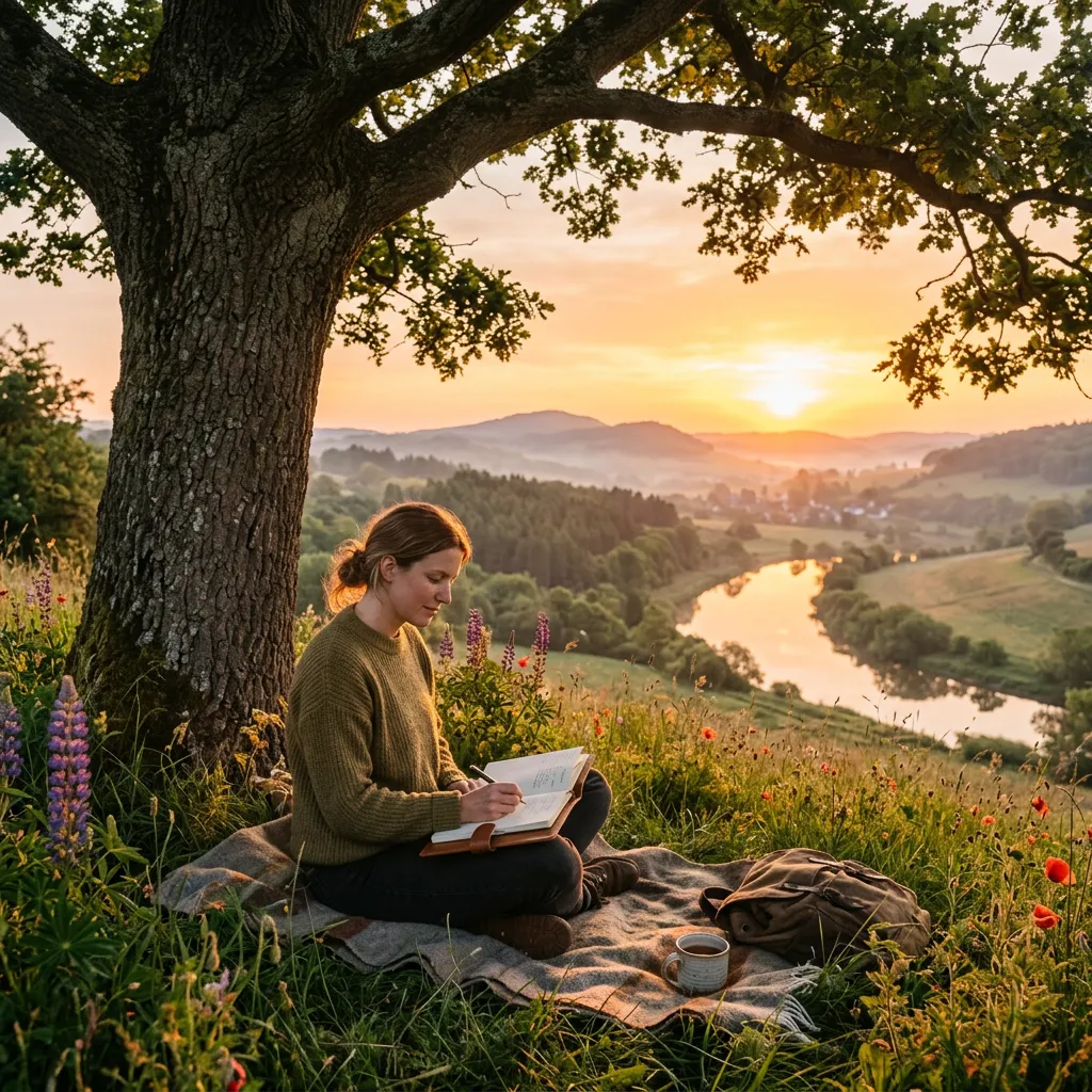 Persona escribiendo en un diario bajo un árbol, con un amanecer sereno y paisaje natural.