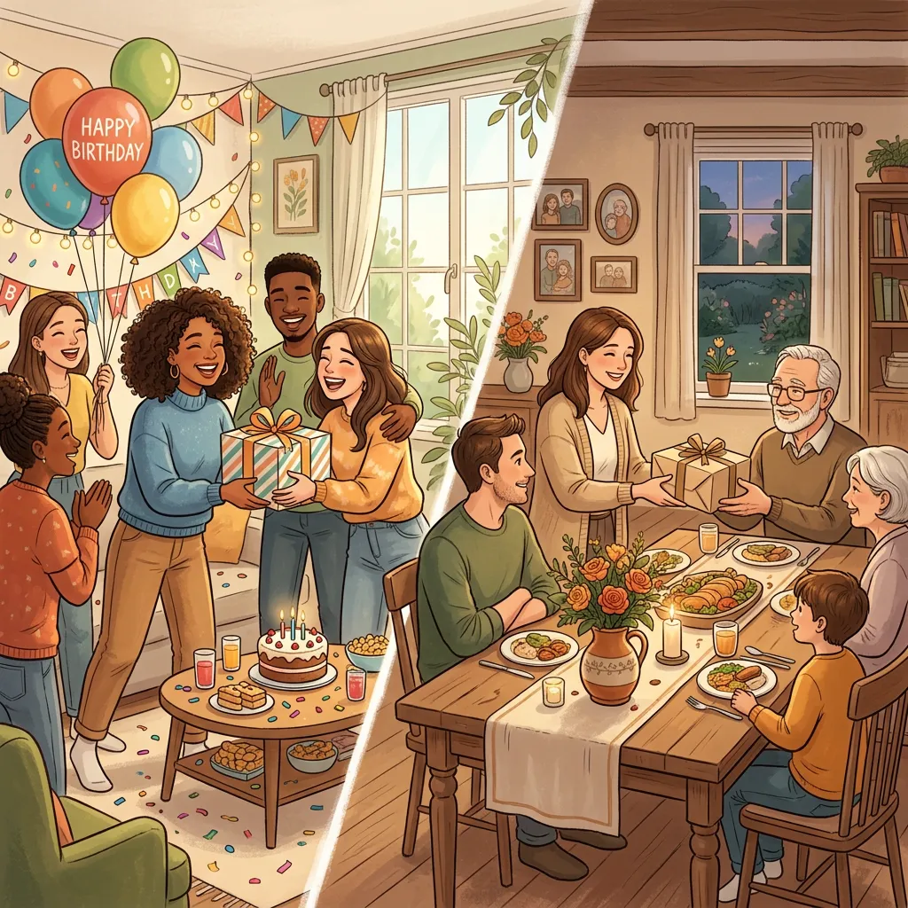 Ilustración que muestra la calidez de la amistad y la familia en el acto de regalar.