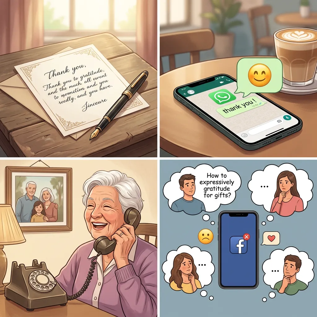 Ilustración que muestra diferentes formas de agradecer regalos: nota escrita, mensaje, llamada y errores comunes.