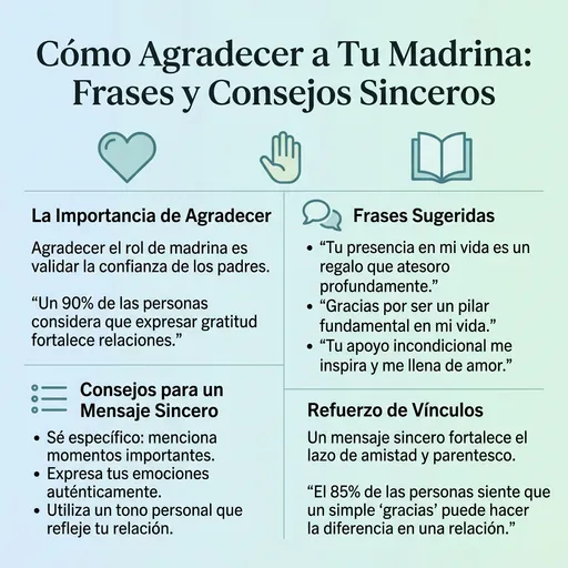Infografía sobre cómo agradecer a una madrina con frases y consejos sinceros.