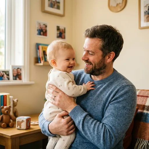Adulto abrazando a un bebé en un hogar cálido, reflejando amor y conexión emocional.