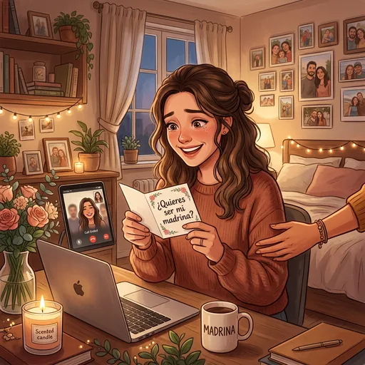 Mujer sorprendida y feliz, sosteniendo tarjeta de madrina en habitación cálida y decorada.