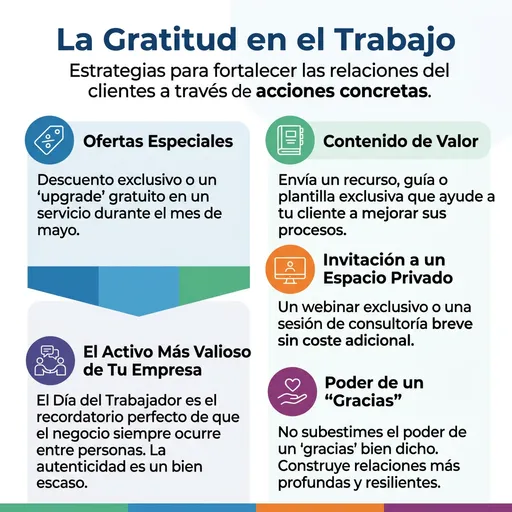 Infografía sobre la gratitud en el trabajo, destacando acciones para fortalecer relaciones con clientes.