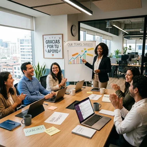 Empleados en oficina moderna mostrando gratitud y colaboración durante reunión motivacional.