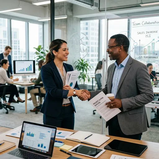 Profesional agradeciendo a otro en una oficina moderna, simbolizando la importancia de la gratitud laboral.
