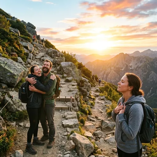 Sendero de montaña con obstáculos; personas celebrando logros y contemplando nuevas oportunidades.