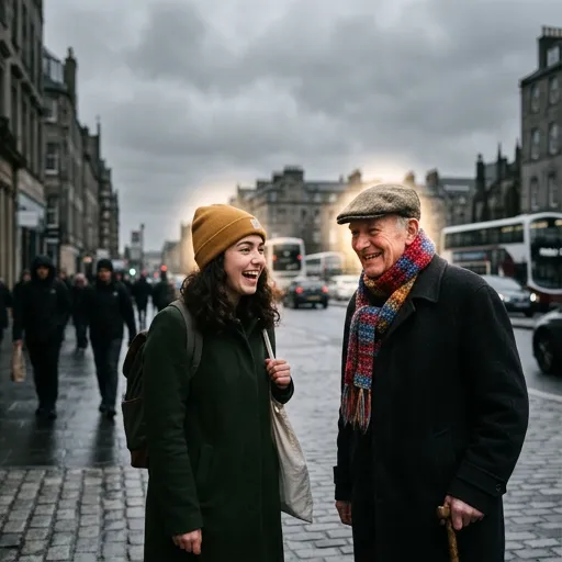 Mujer joven sonríe sorprendida mientras anciano sonríe, transformando un día gris en alegría.