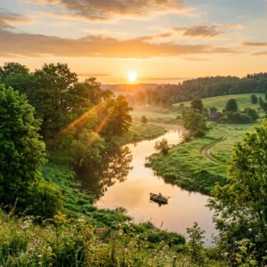 Amanecer sereno sobre un paisaje verde, simbolizando la abundancia y la gratitud.