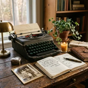 Escritorio sereno con máquina de escribir vintage y recuerdos nostálgicos iluminados.
