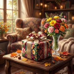 Regalo envuelto con cintas brillantes sobre una mesa, rodeado de hojas y flores.