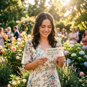 Mujer emocionada sostiene tarjeta de agradecimiento, en jardín luminoso y acogedor.